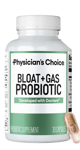 Bottle of Physician's Choice Bloat + Gas Probiotic, 30 capsules, with one capsule beside it